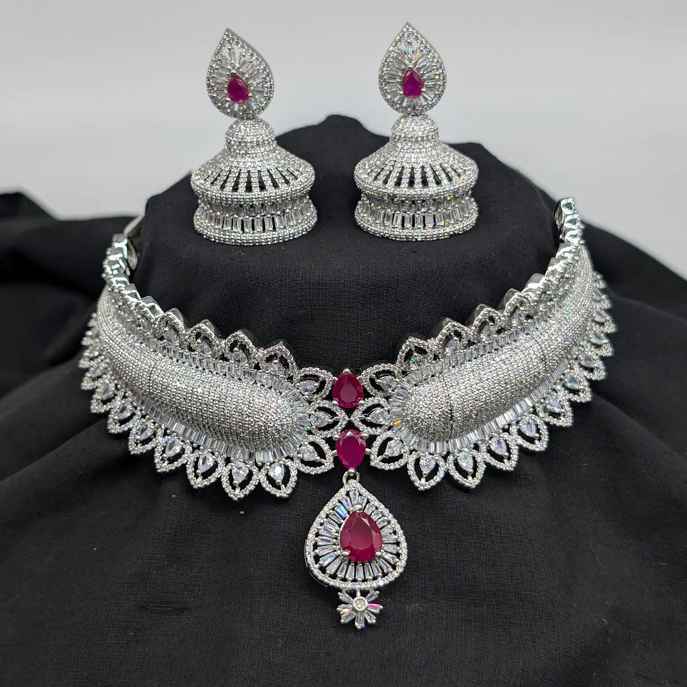 Akruti Collection Silver Plated American Diamonds Choker Necklace Set
