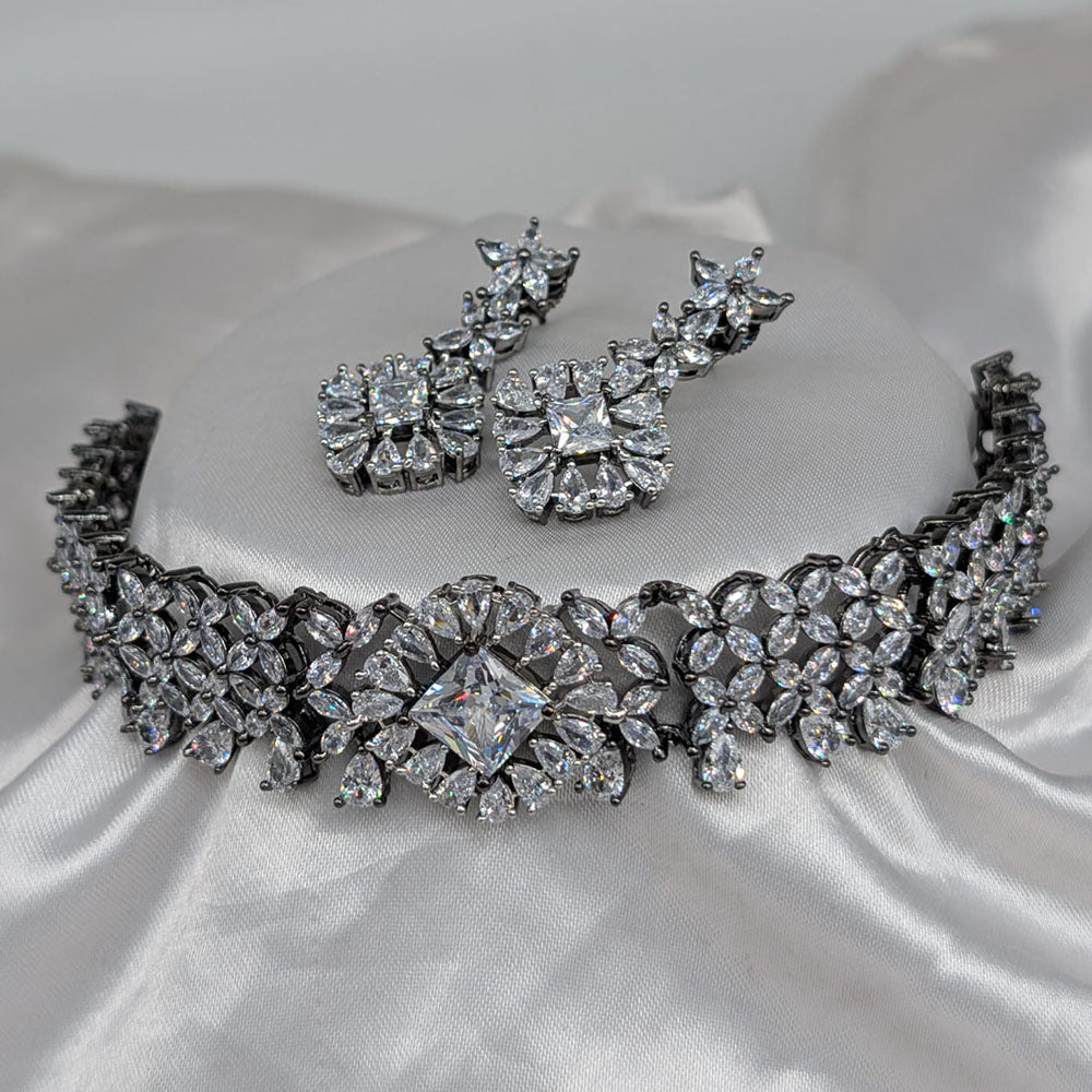 Akruti Collection Black Polish American Diamonds Choker Necklace Set