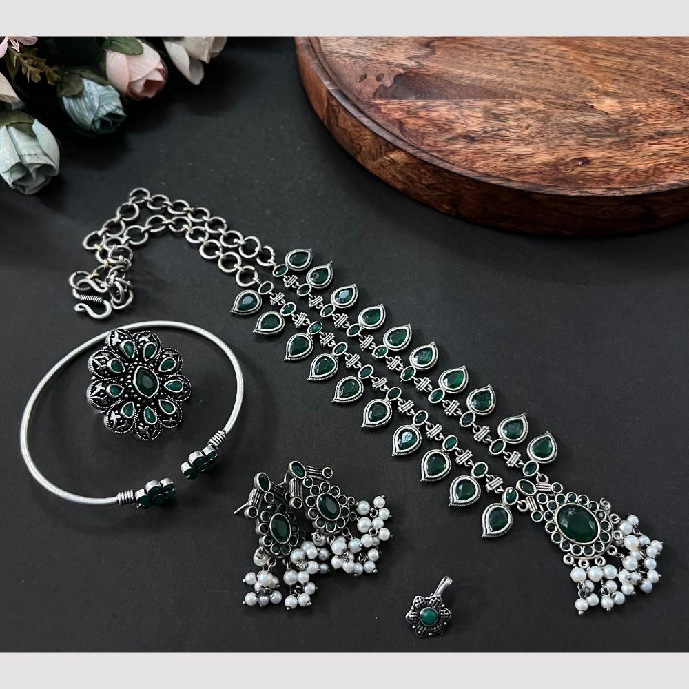 Akruti Collection Oxidised Plated Pota Stone Combo Set