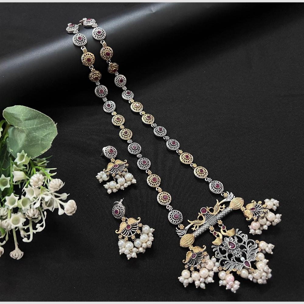 Akruti Collection 2 Tone Plated Pota Stone Long Necklace Set