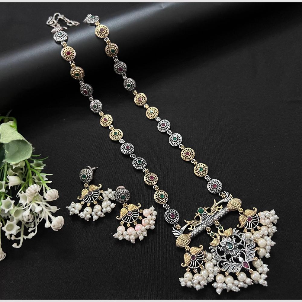 Akruti Collection 2 Tone Plated Pota Stone Long Necklace Set