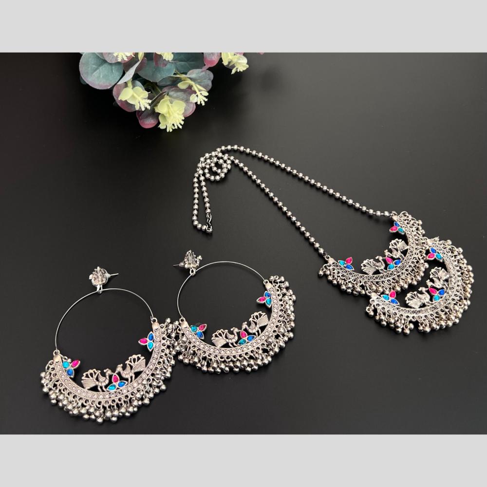 Akruti Collection Oxidised Plated Pota Stone Long Necklace Set