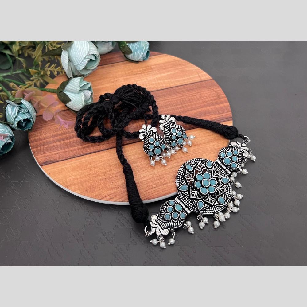 Akruti Collection Oxidised Plated Pota Stone And Pearl Choker Necklace Set