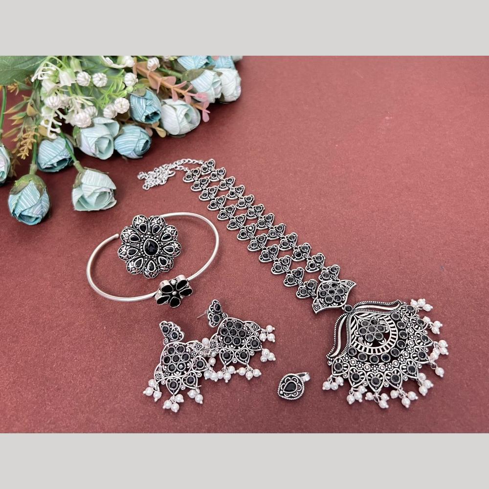 Akruti Collection Oxidised Plated Pota Stone Combo Set