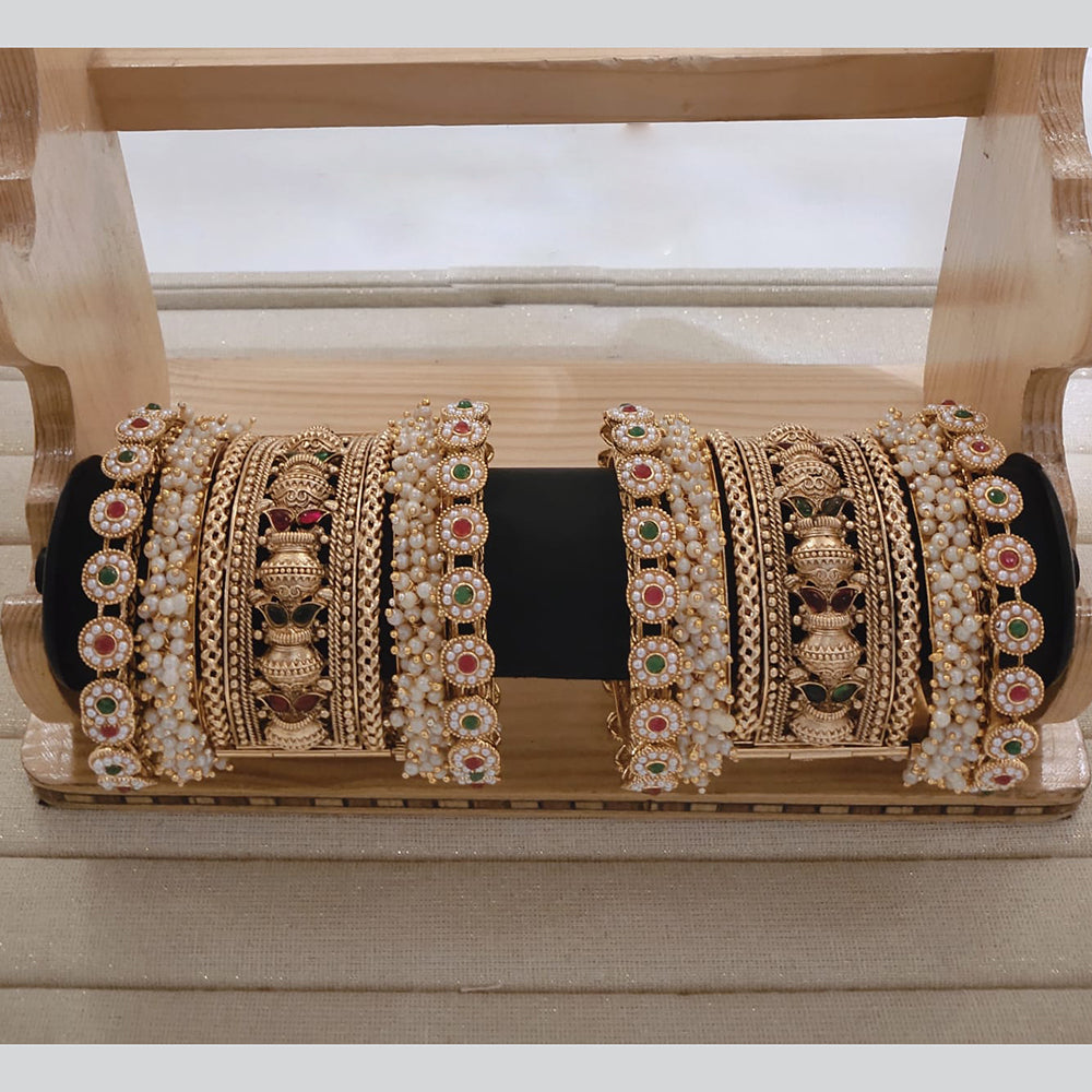 Akruti Collection Gold Plated Pota Stone And Pearl Bangle Set