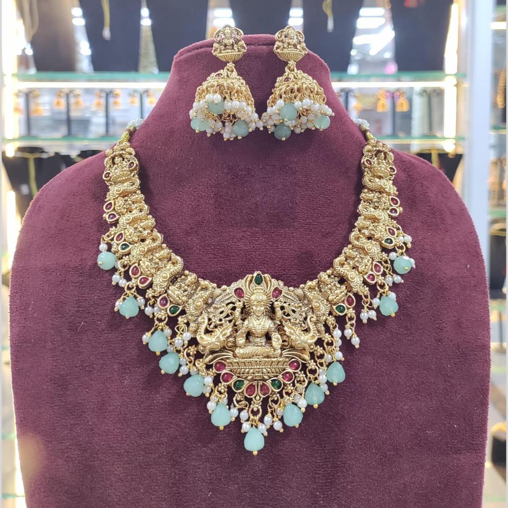 Akruti Collection Handcrafted Temple Necklace Set with Pota Stones & Beads