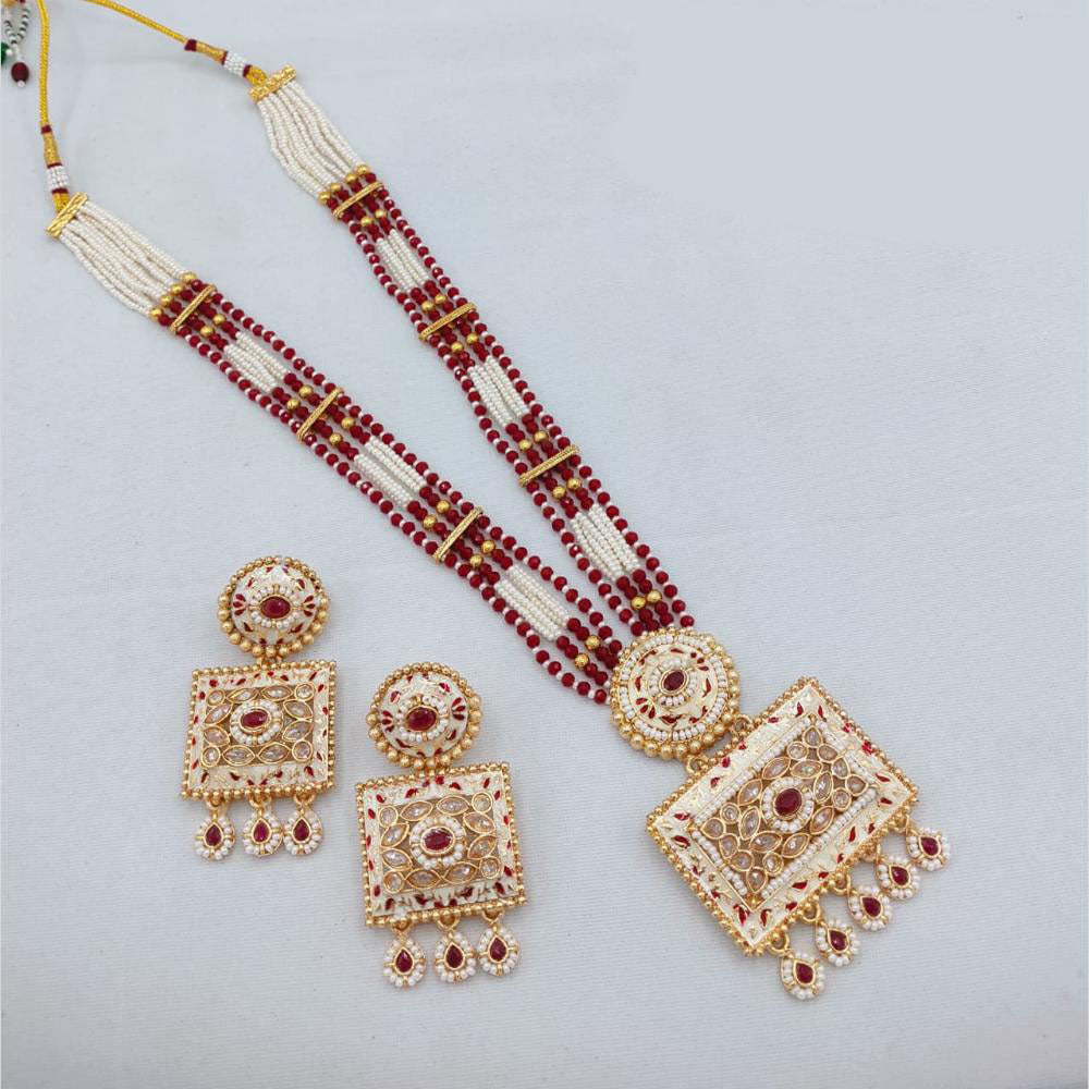 Akruti Collection Traditional Glamour Crystal Stone And Pearl Long Necklace Set