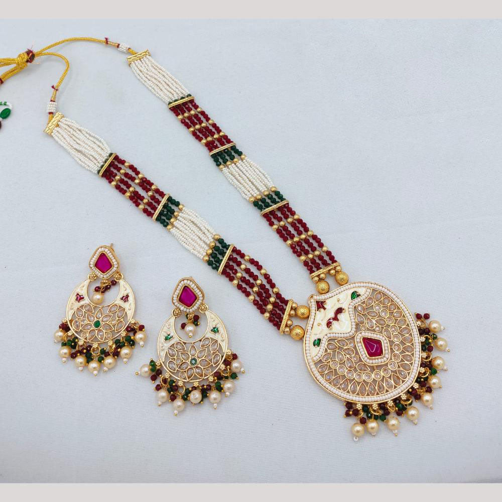 Akruti Collection Traditional Glamour Crystal Stone And Pearl Long Necklace Set