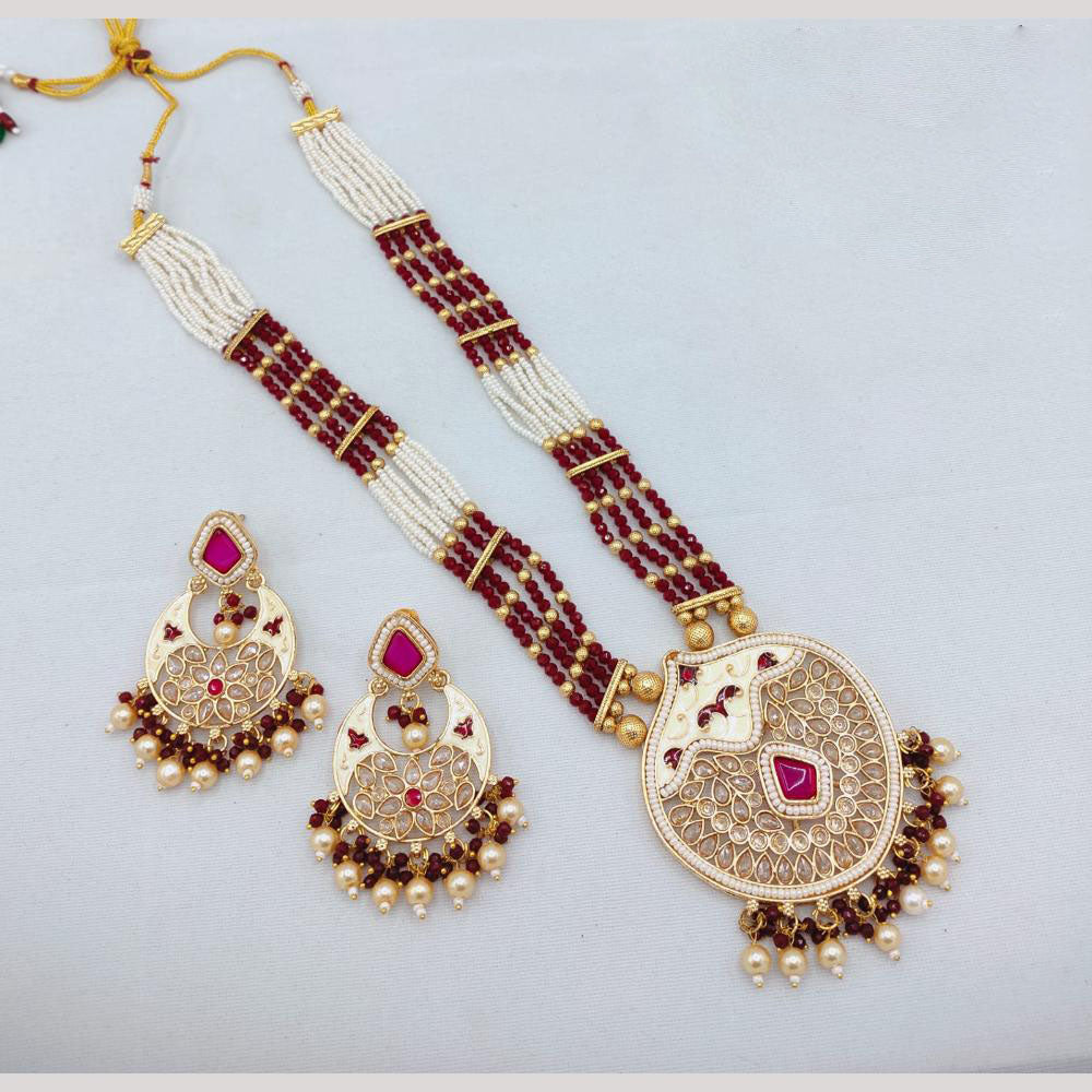 Akruti Collection Traditional Glamour Crystal Stone And Pearl Long Necklace Set