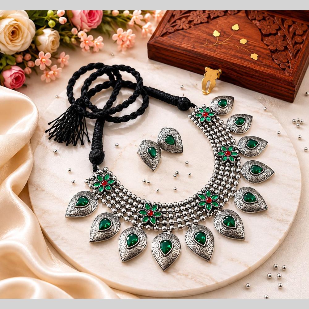 Akruti Collection Beautiful Oxidised Pota Stone Jewellery Set