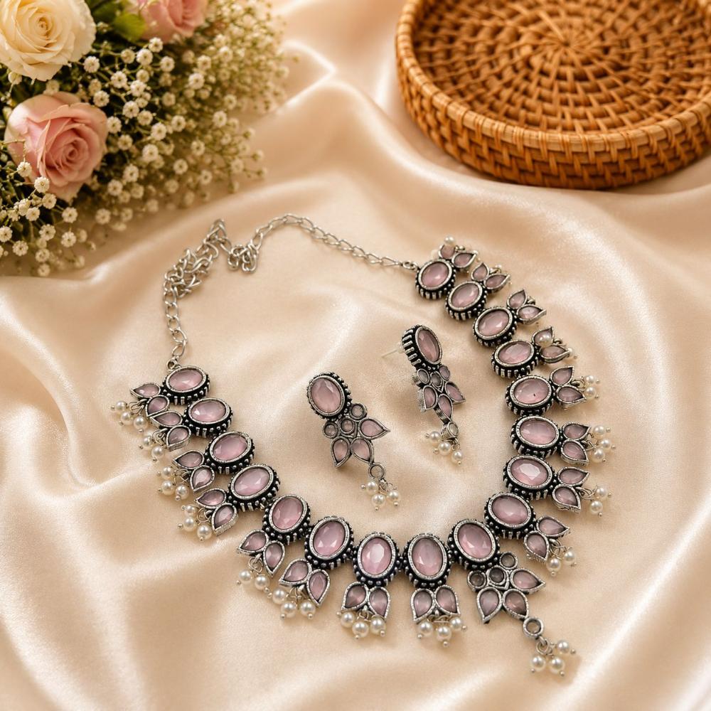 Akruti Collection Beautiful Oxidised Pota Stone And Pearl Jewellery Set