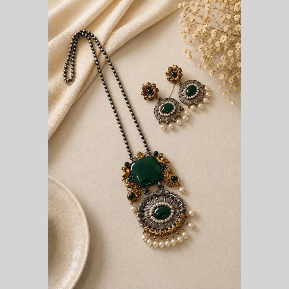 Akruti Collection Designer 2 Tone Plated Pota Stone And Beads Necklace Set