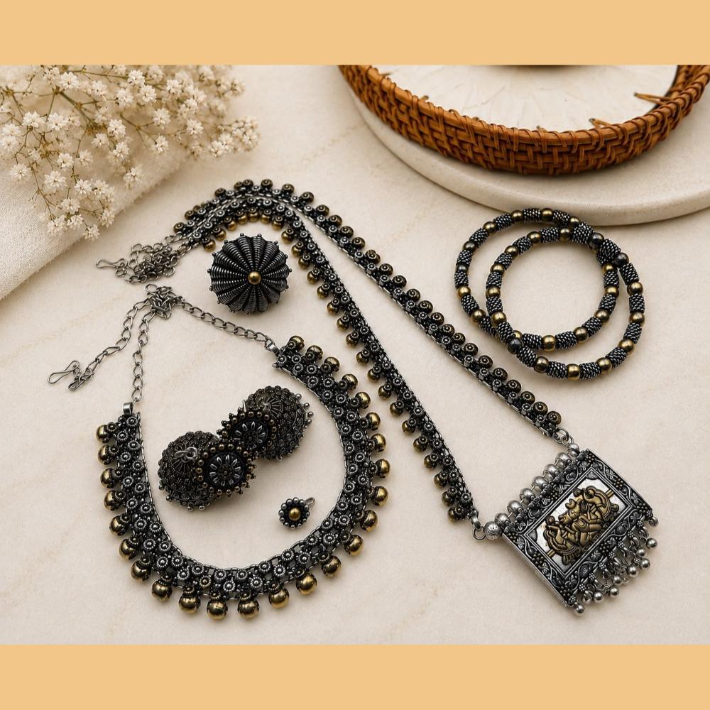 Akruti Collection Royal Oxidised Plated Ethnic Combo Set