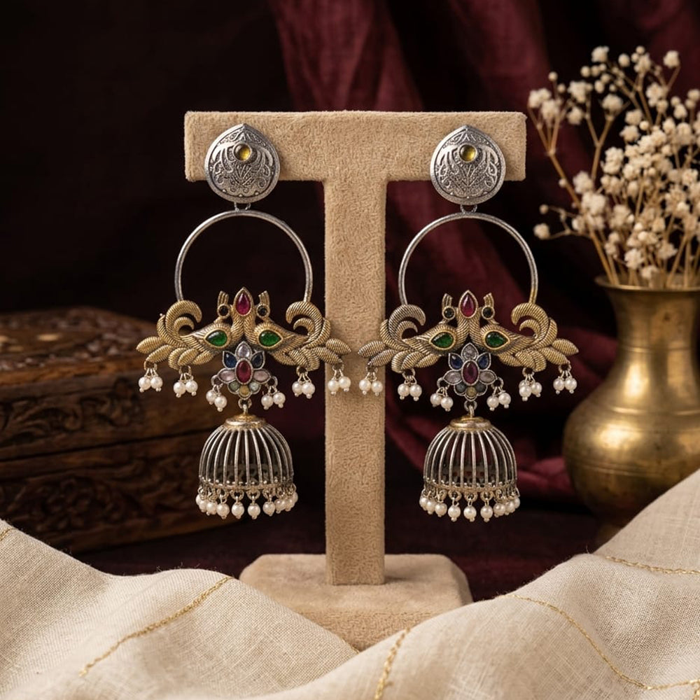Akruti Collection 2 Tone Plated Designer Pota Stone And Pearl Jhumki Earrings