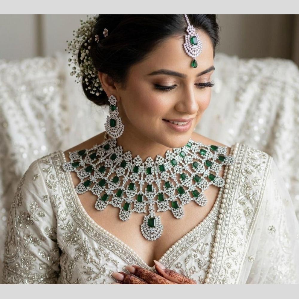 Akruti Collection Sparkling American Daimond Heavy Bridal Choker Necklace Set