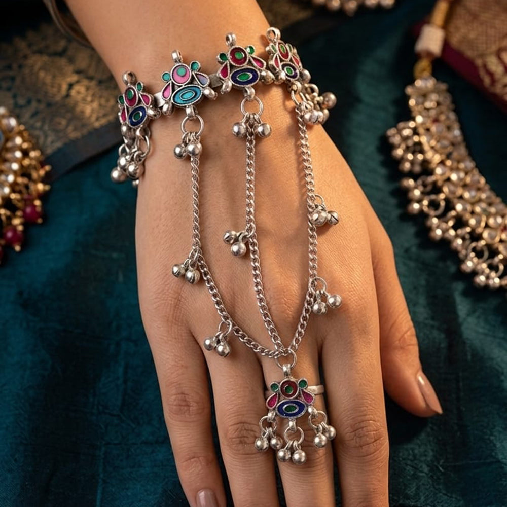 Akruti Collection Ethnic Oxidised Meenakari Ghungroo Hath Panja Jewellery