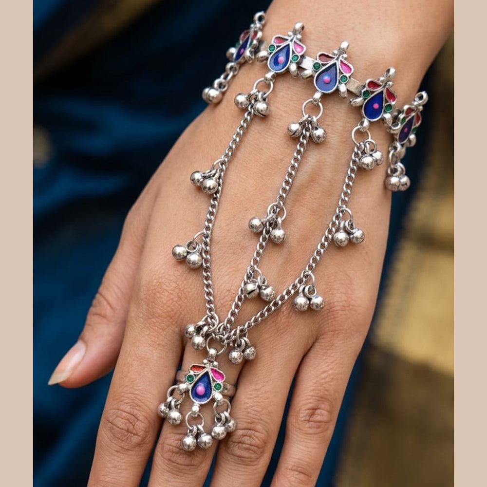 Akruti Collection Ethnic Oxidised Meenakari Ghungroo Hath Panja Jewellery
