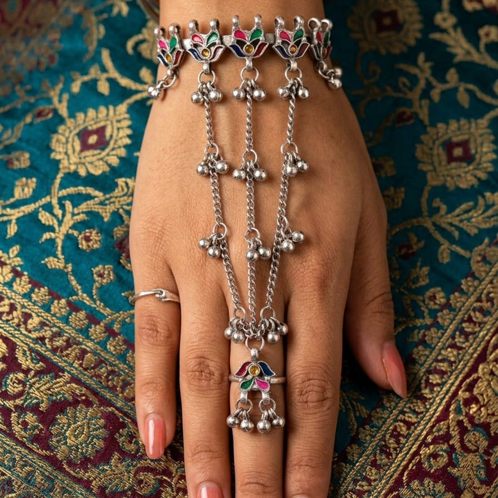 Akruti Collection Ethnic Oxidised Meenakari Ghungroo Hath Panja Jewellery