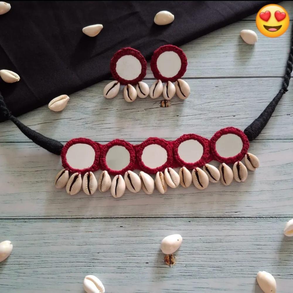 Shrijicreation Trendy Mirror Work Shell Necklace Set