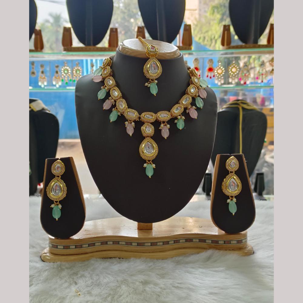 Palak Art Gold Plated Kundan Stone And Beads Necklace Set