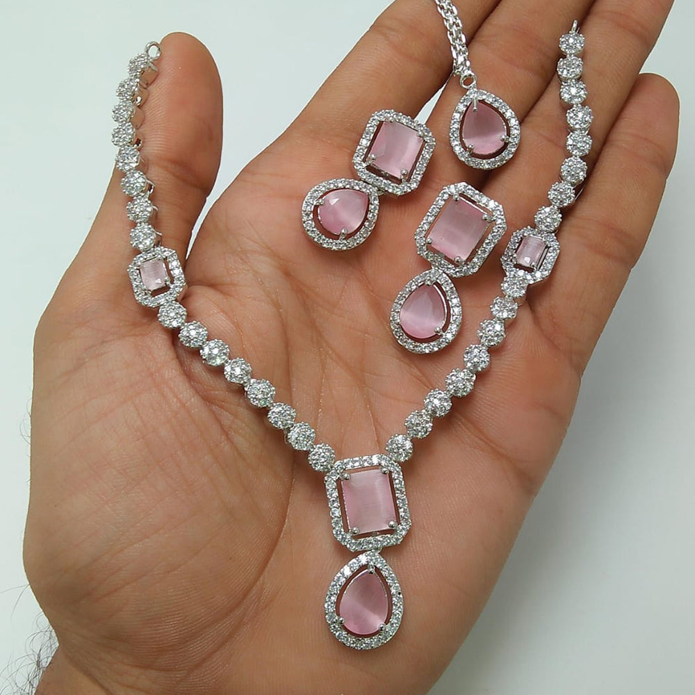 Palak Art Silver Plated American Diamonds Necklace Set