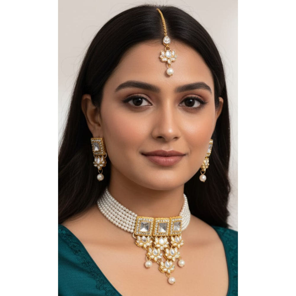 Palak Art Elegant Crystal Stone And Pearl Designer Choker Necklace Set