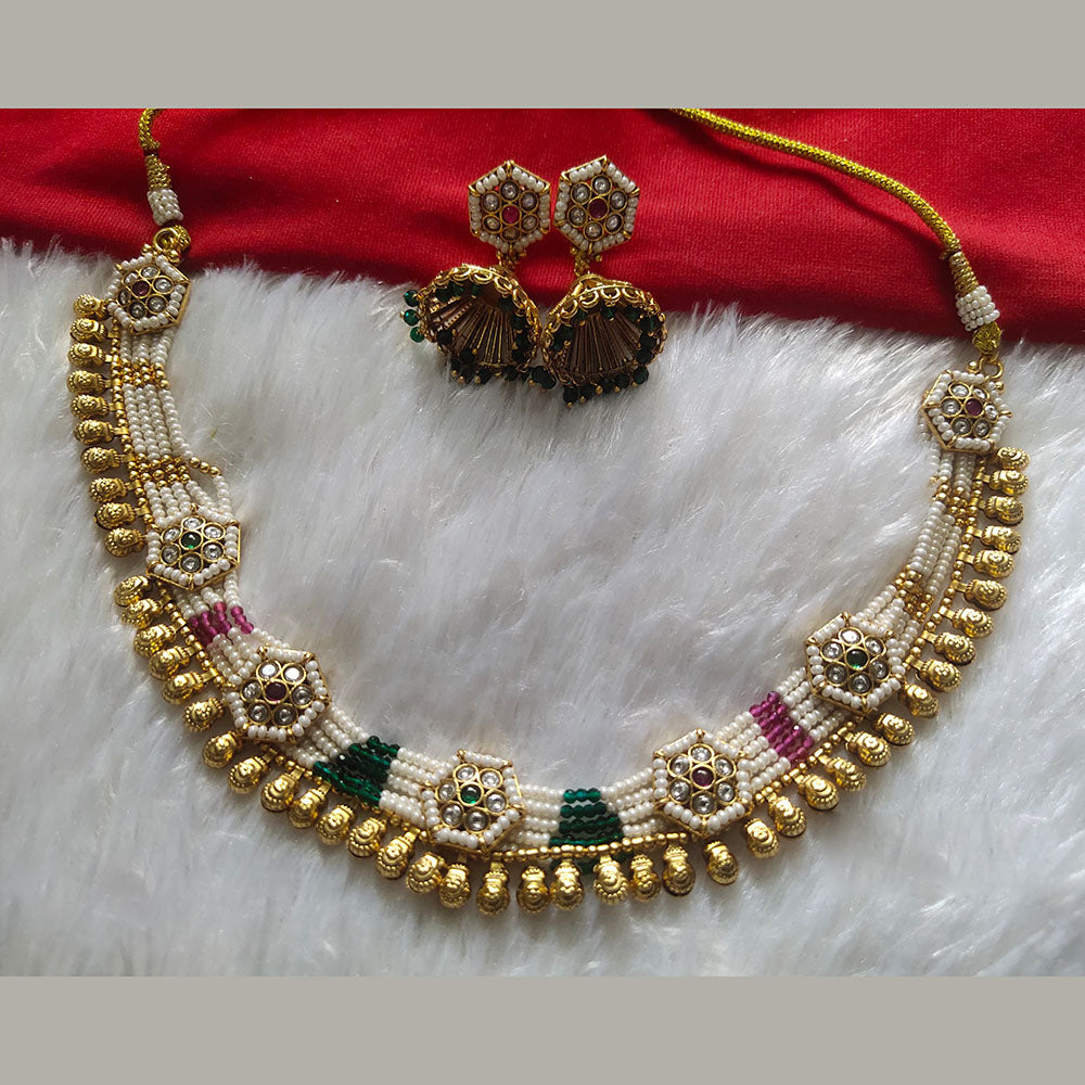 Kala Creation Gold Plated Pota Stone And Pearl Necklace Set