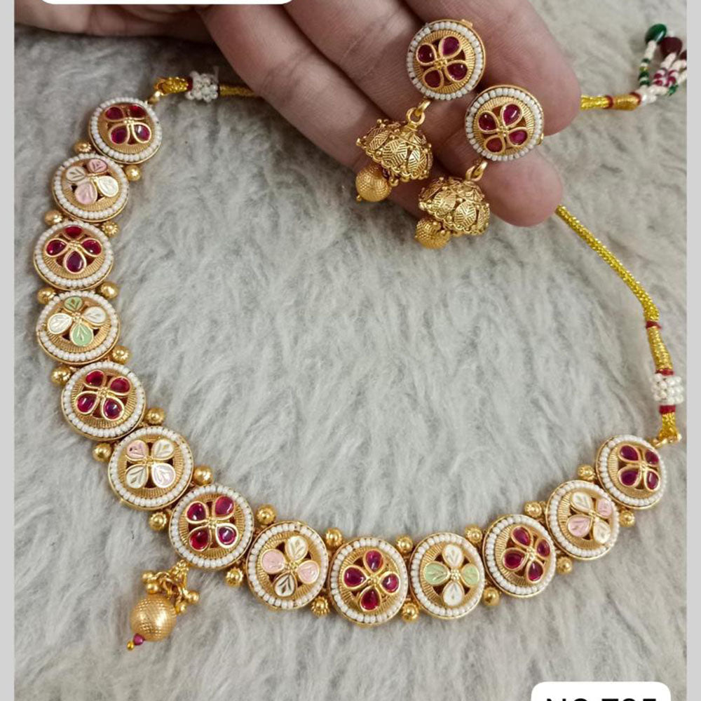 Star India Gold Plated Pota Stone And Pearl Meenakari Necklace Set