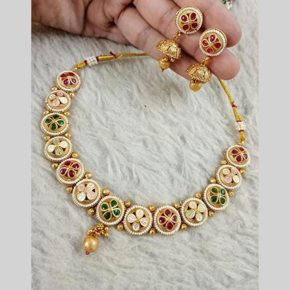 Star India Gold Plated Pota Stone And Pearl Meenakari Necklace Set