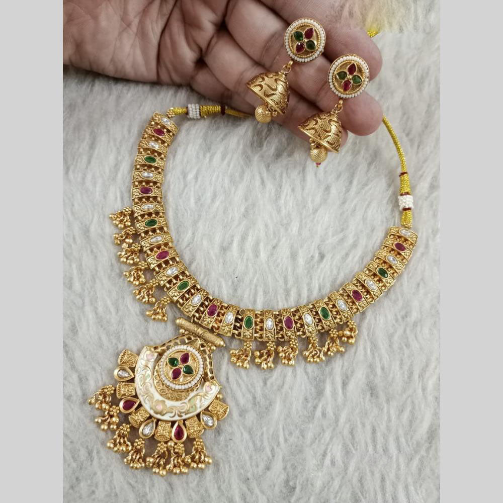 Star India Gold Plated Pota Stone And Pearl Meenakari Necklace Set