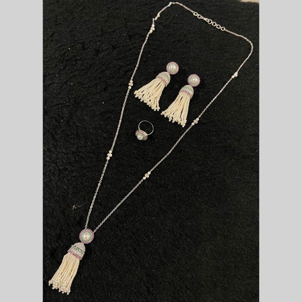 Star India Silver Plated Austrian Stone And Pearl Long Necklace Set With Ring
