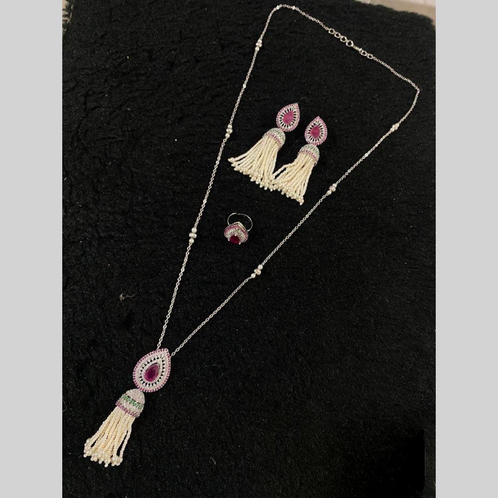 Star India Silver Plated Austrian Stone And Pearl Long Necklace Set With Ring
