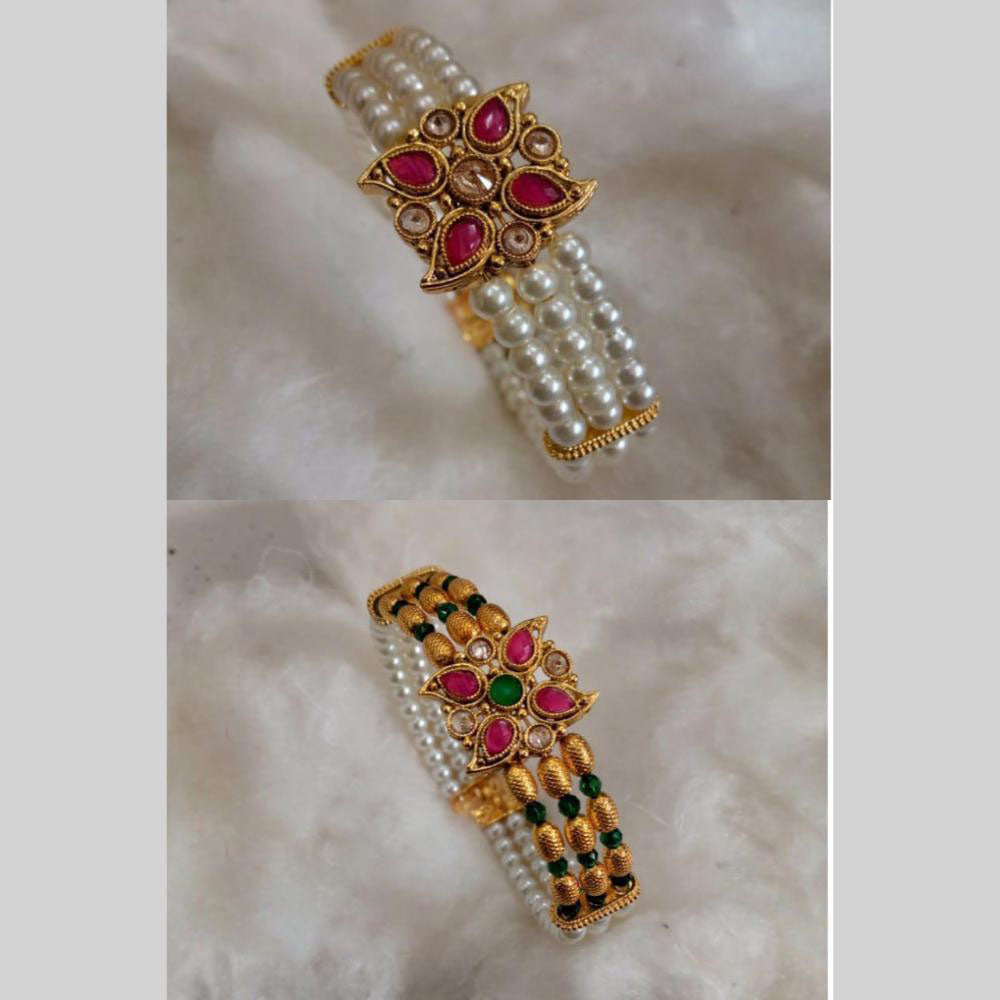 Star India Gold Plated Pota Stone And Pearl Openable Bracelet