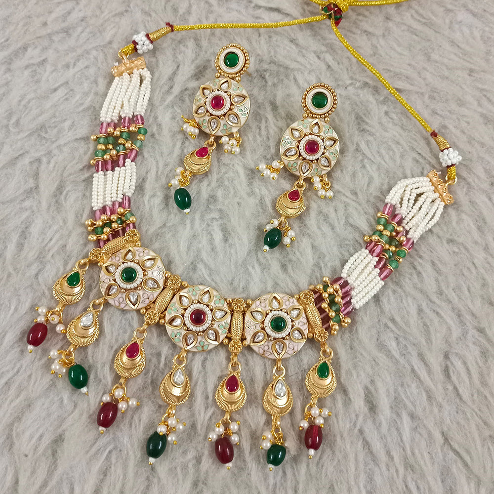 Star India Gold Plated Pota Stone And Pearl Meenakari Necklace Set