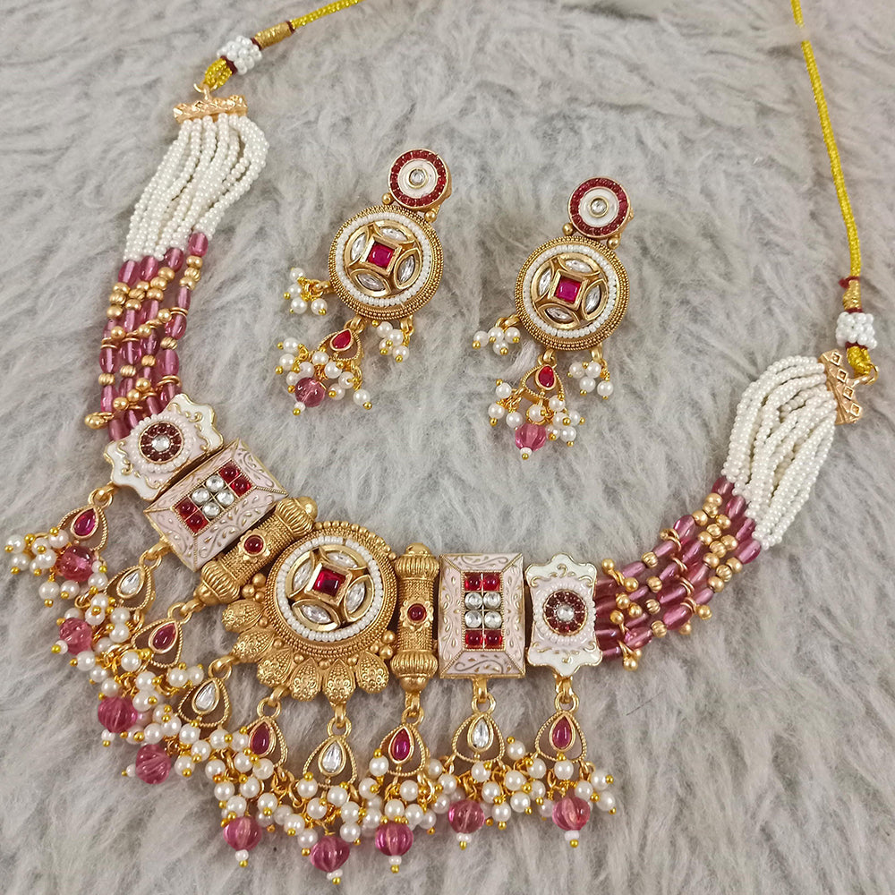 Star India Gold Plated Pota Stone And Pearl Meenakari Necklace Set