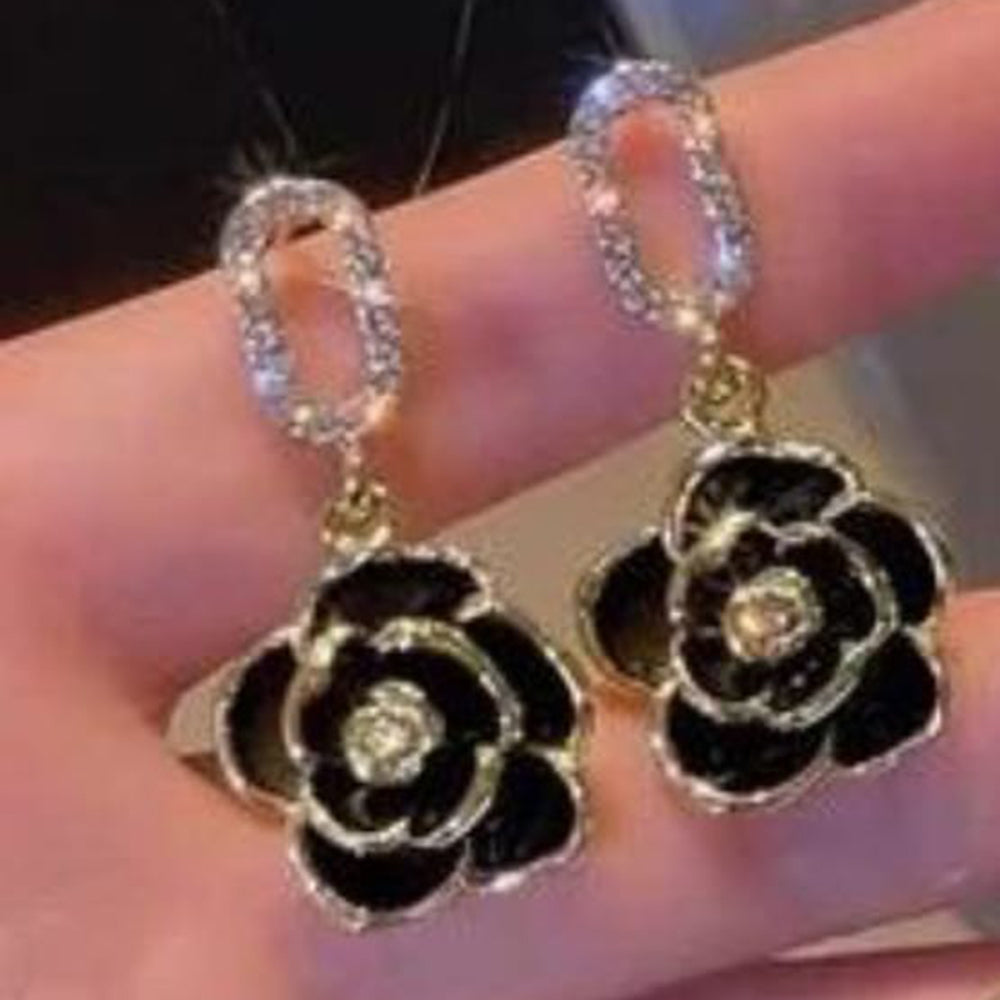Exotica Collection Designer Gold Plated Dangler Earrings with Black Color Austrian Stones