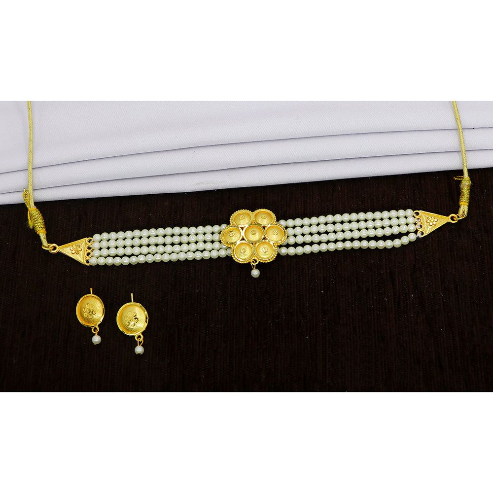 Mahavir Gold Plated Flower Design Pearl Choker Necklace Set