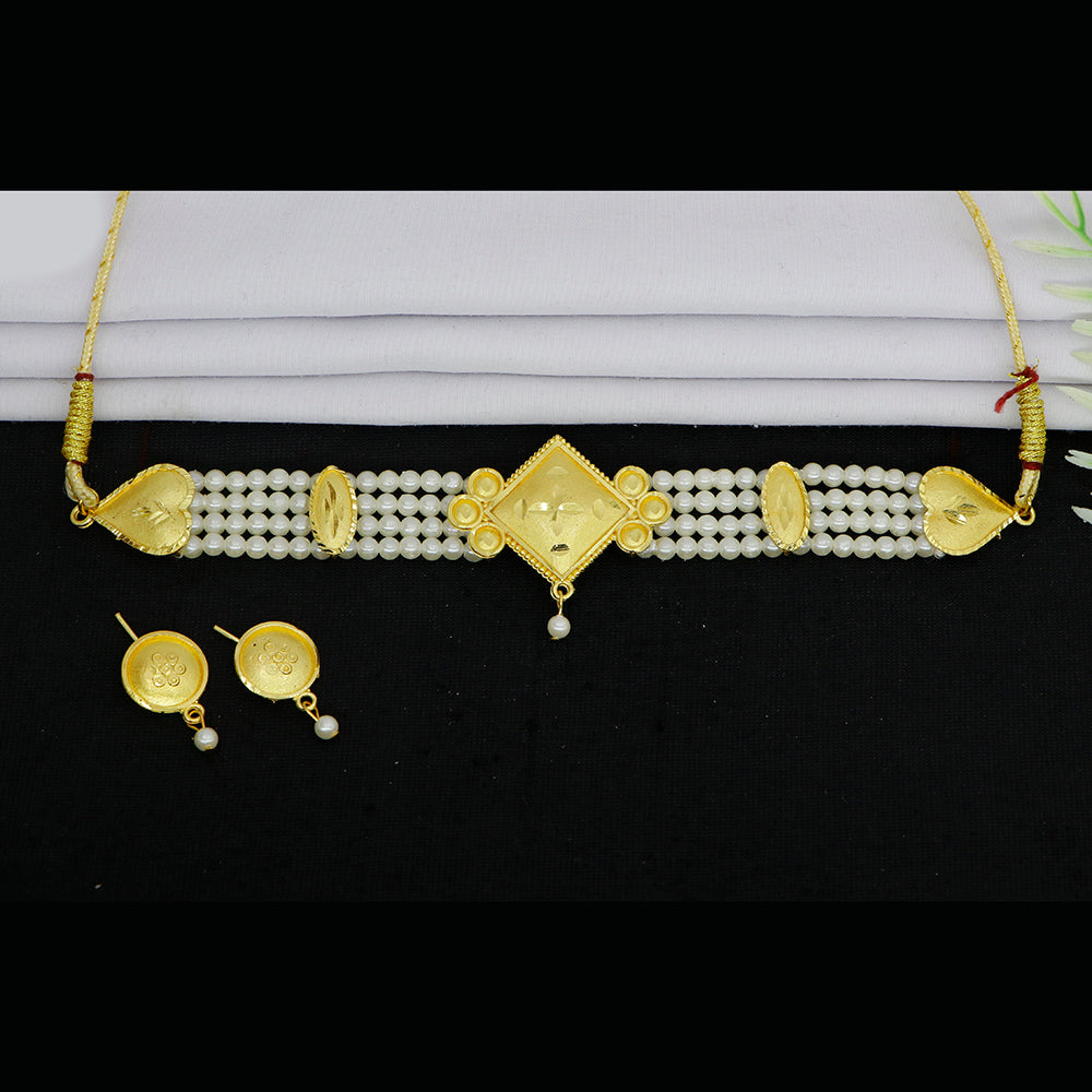 Mahavir Traditional Gold Forming Look Pearl Choker Necklace Set