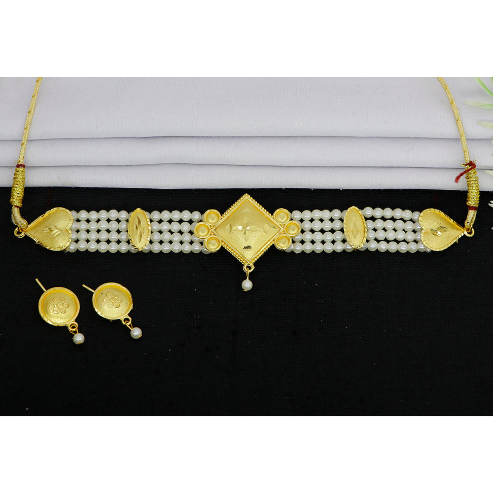 Mahavir Gold Plated Pearl Choker Necklace Set
