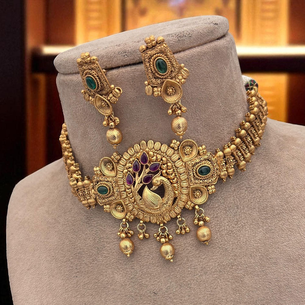 Jewel Addiction Choker Necklace Set Elegant Pota Stones with Copper Finish