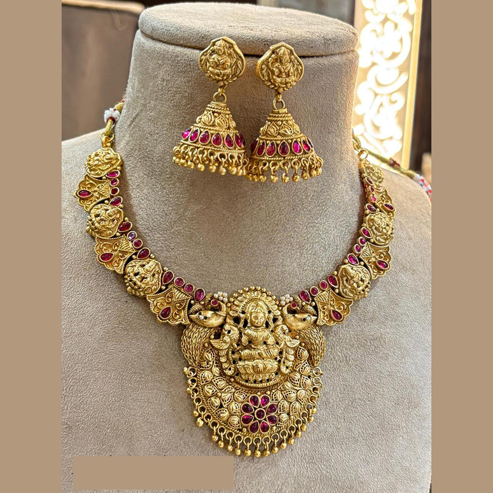 Jewel Addiction Royal Temple Necklace Set with Laxmi Design and Pota Stone for Weddings and Grand Celebrations