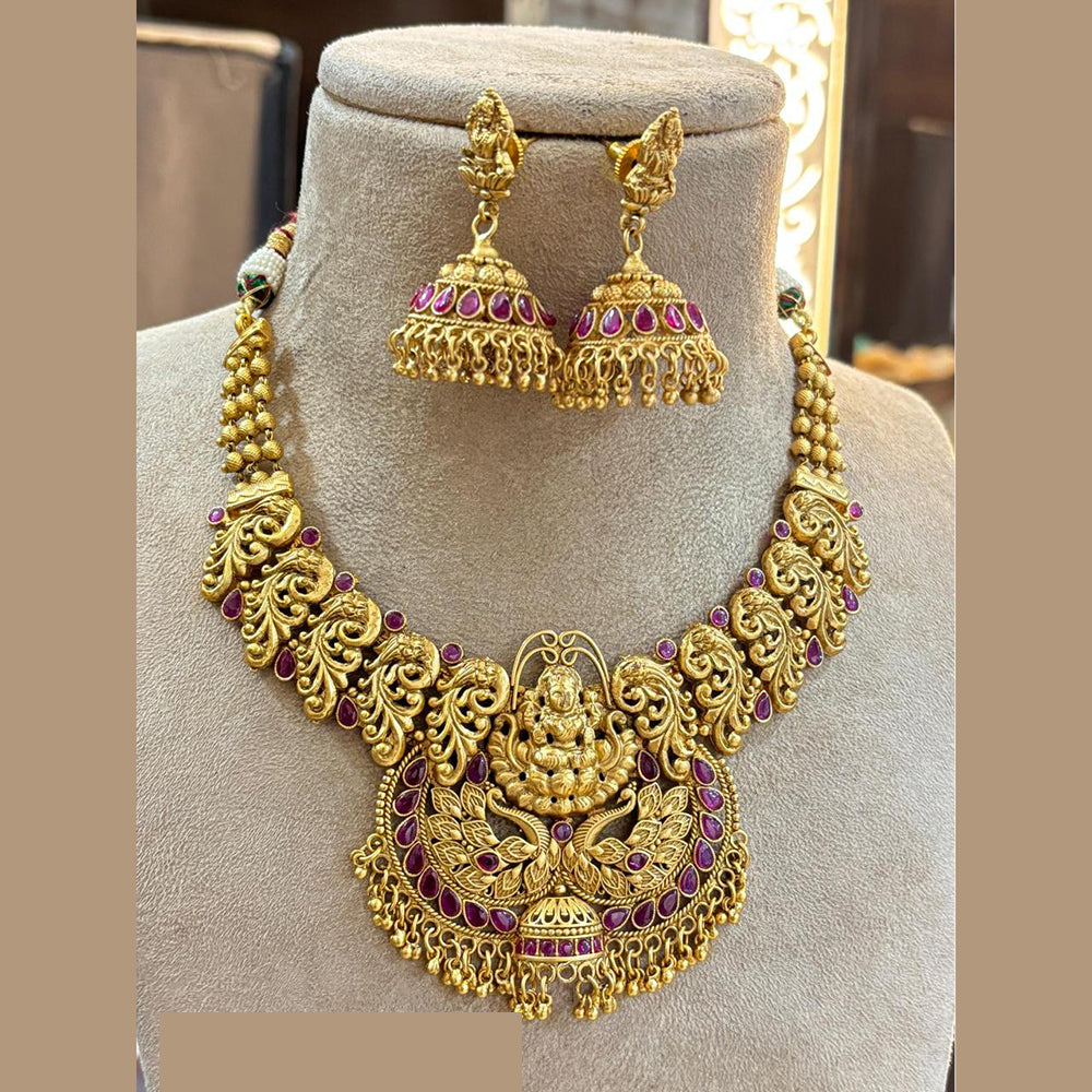 Jewel Addiction Royal Temple Necklace Set with Laxmi Design and Pota Stone for Weddings and Grand Celebrations