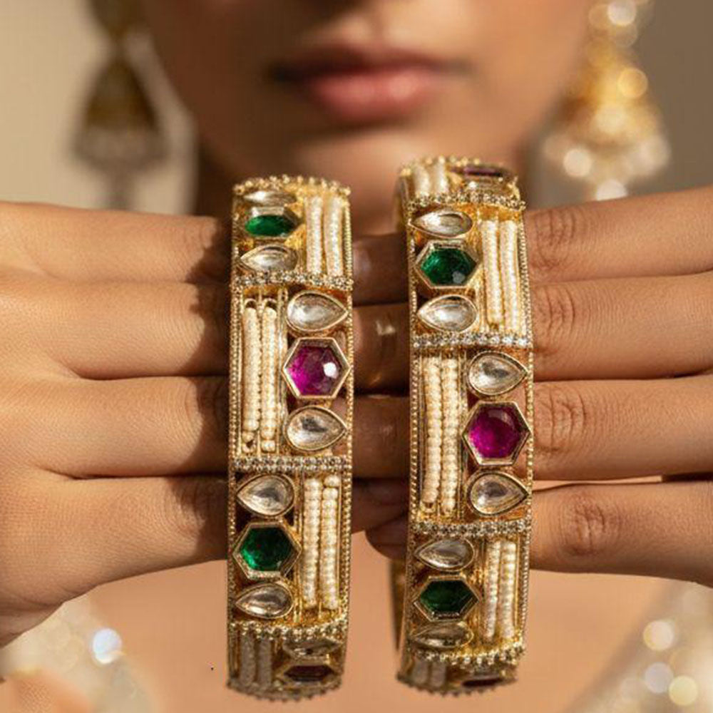Jewel Addiction Luxury Look Polki Kundan Pearl Openable Bangles Set