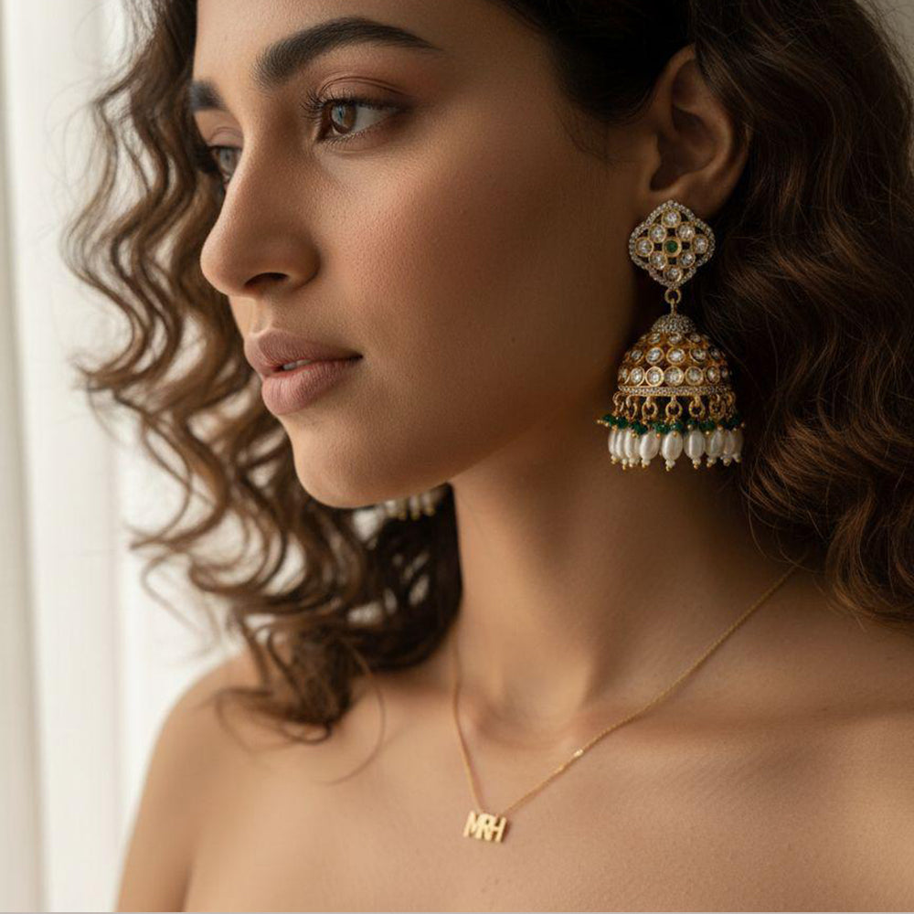 Jewel Addiction EthnicPolki Kundan Stone Beads And Pearl Designer Jhumki Earrings
