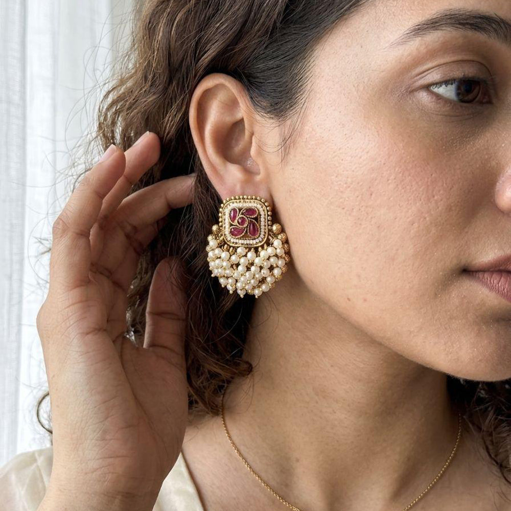 Jewel Addiction Pota Stone And Pearl Cluster Dangler Earrings