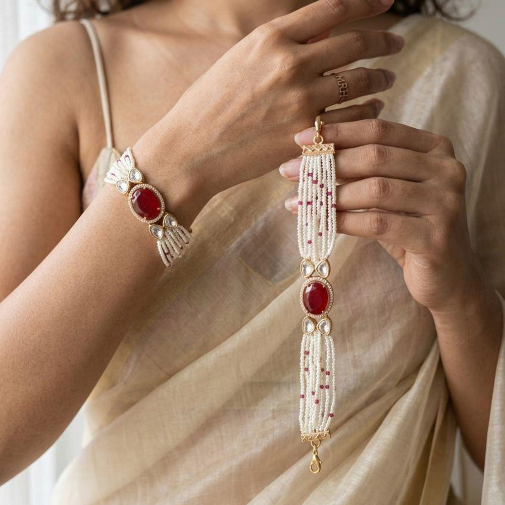 Jewel Addiction Polki Kundan Stone And Pearl Designer Openable Bracelet