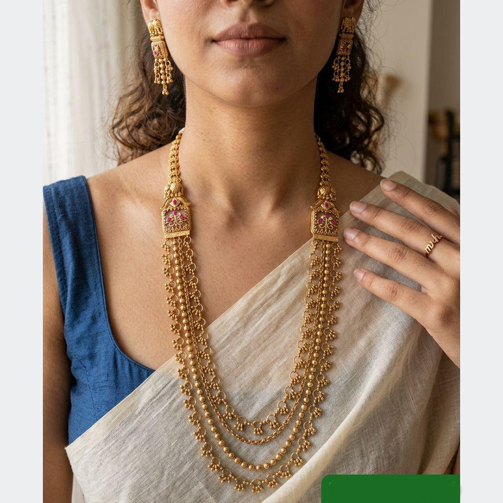 Jewel Addiction Ethnic Pota Stone And Pearl Long Necklace Set