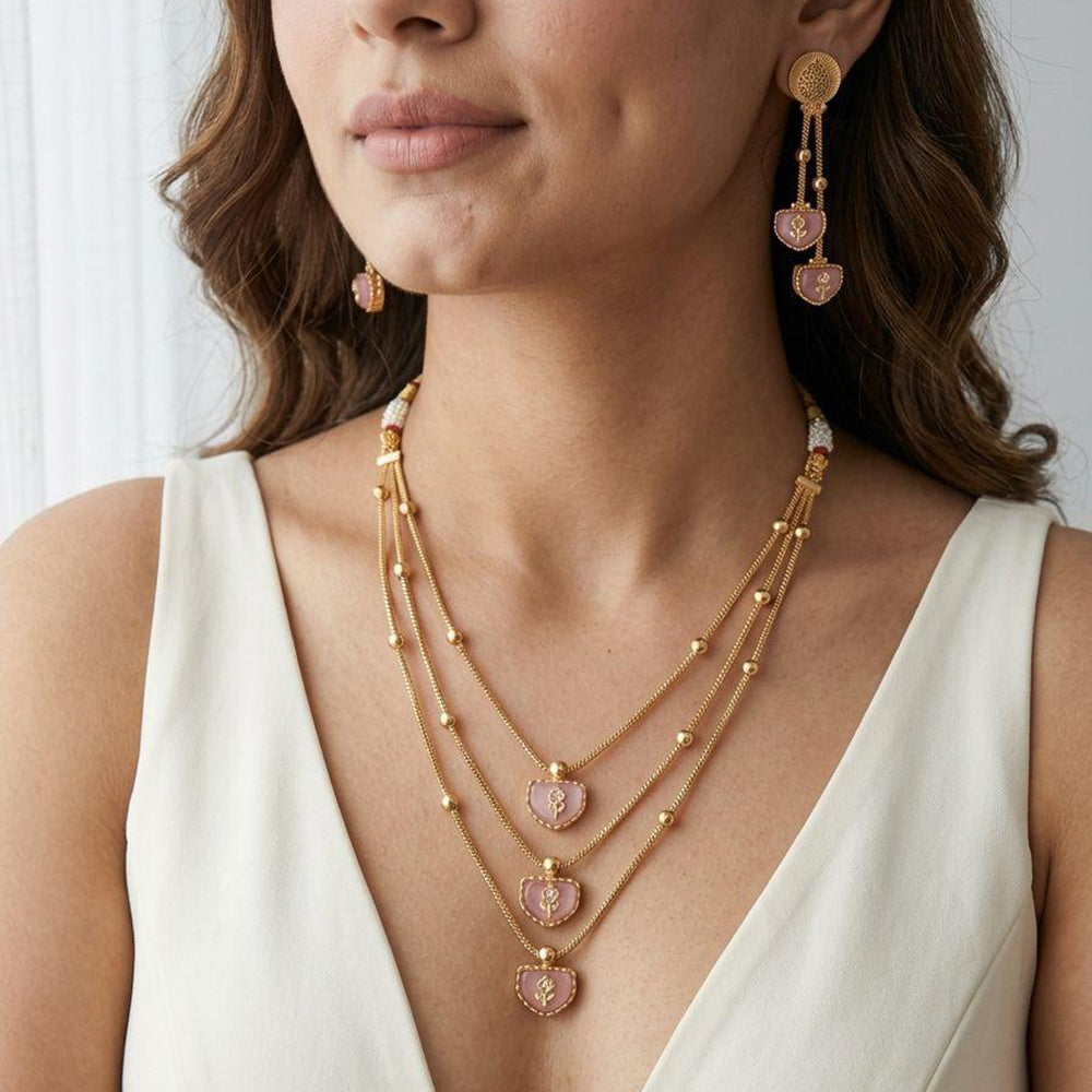 Jewel Addiction Ethnic Pota Stone And Pearl Triple Layer Necklace Set