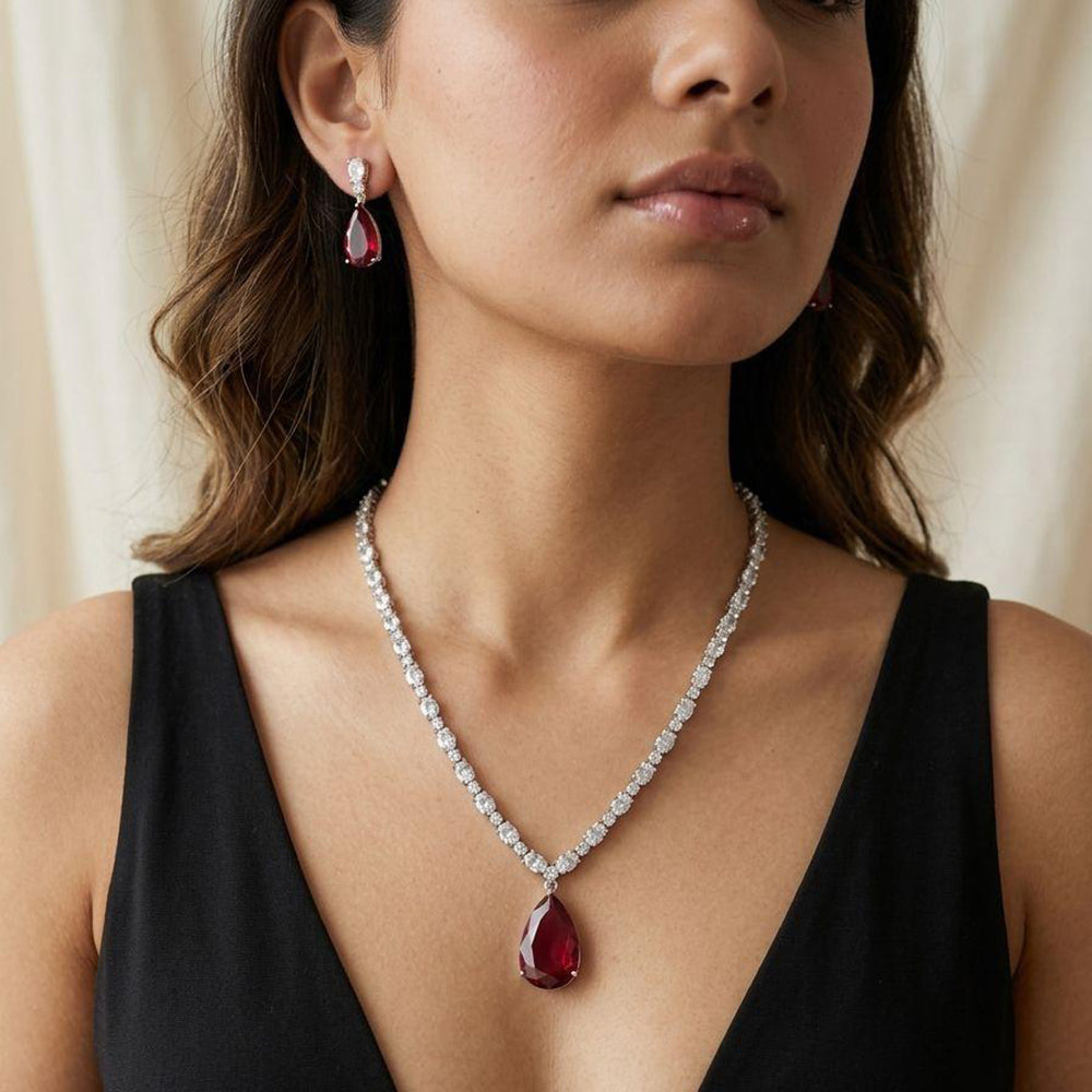 Jewel Addiction Rhodium Plated Classic American Diamond Necklace Set