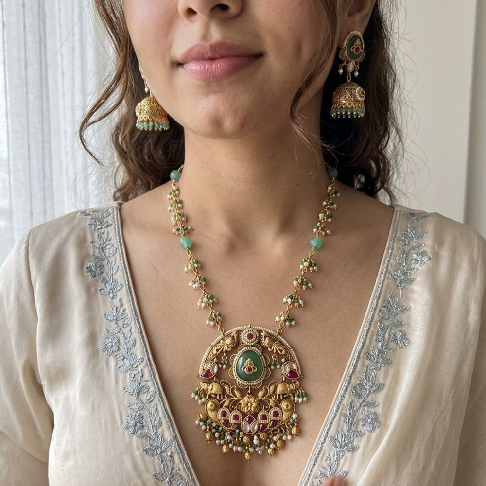 Jewel Addiction Premium Pota Stone And Pearl Long Necklace Set